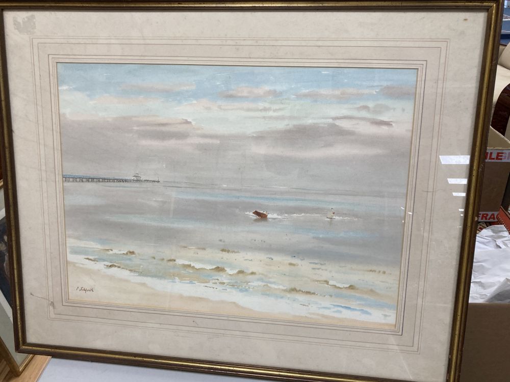Roland Vivian Pitchforth (1895-1982) Coastal scene with pier and waterskier, 42 x 57cm